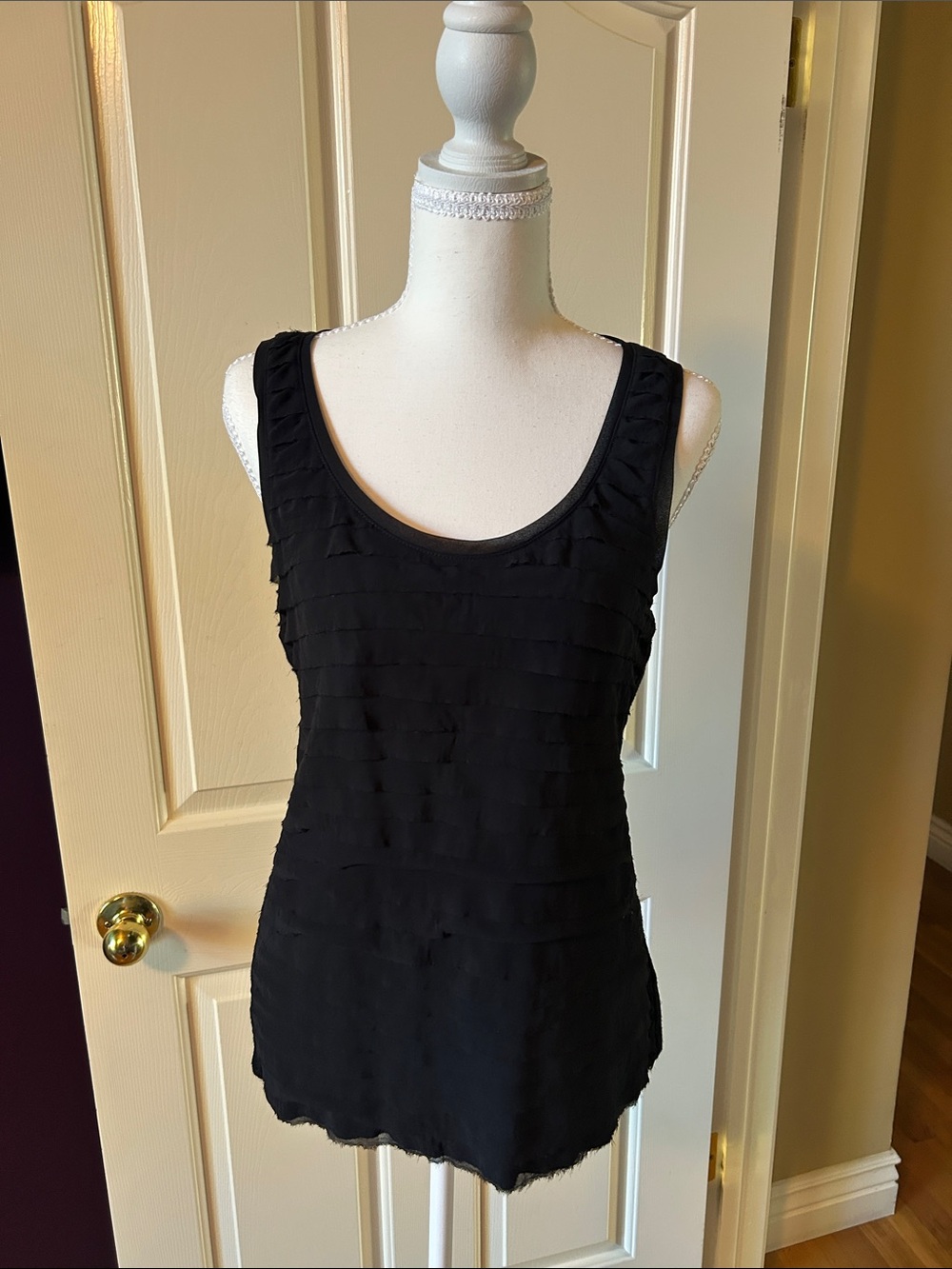 White House Black Market Black Ruffle Tiered Scoop Tank
